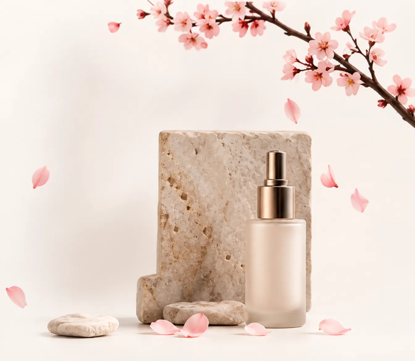 Frasco de cosmética sobre piedras de travertino junto a una rama de cerezo en flor.